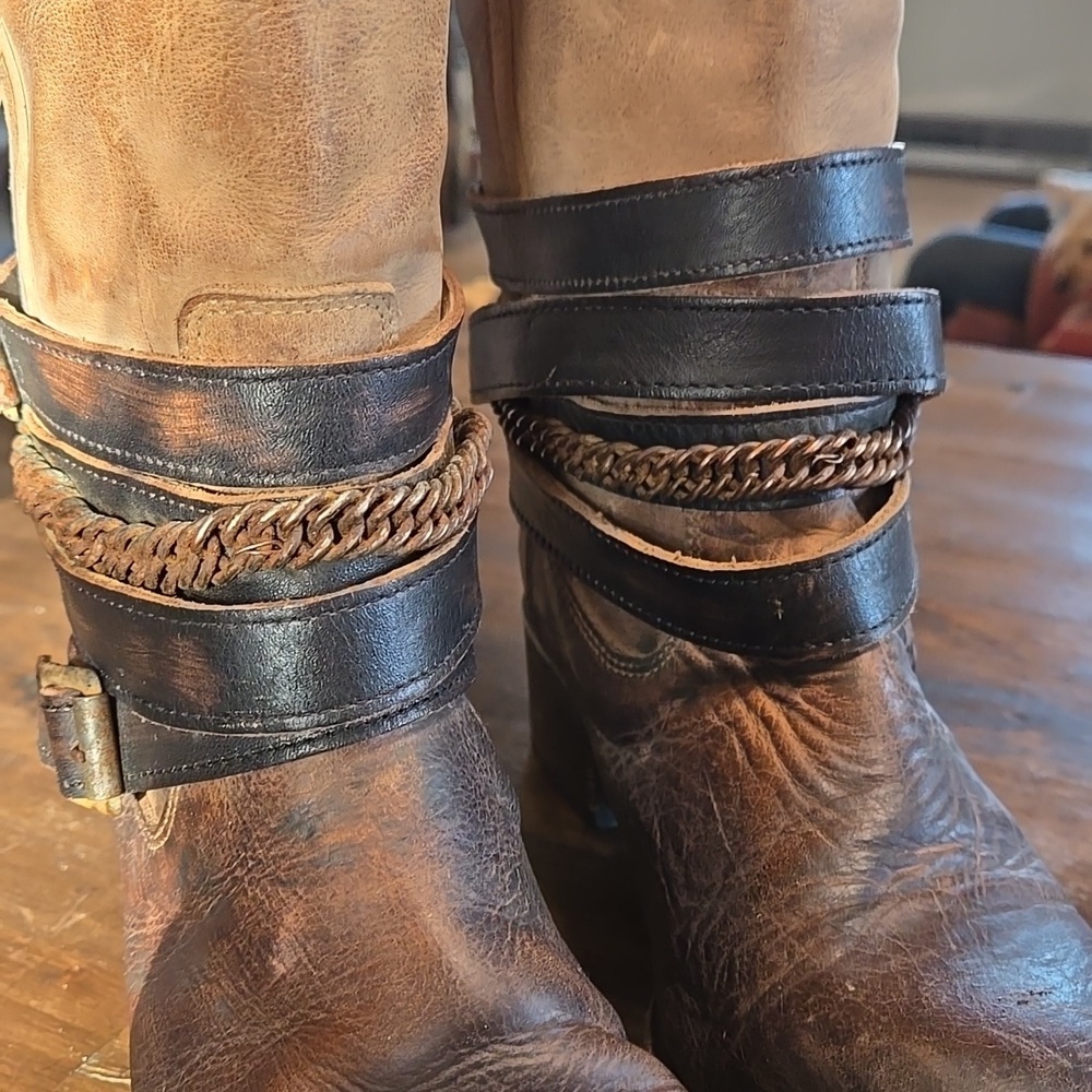Freebird Aspen Knee High Leather Boots Straps Zip Back Brown Saddle Leather 7 - Picture 6 of 12